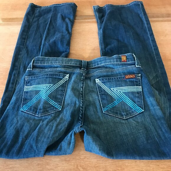7 for All Mankind Flynt Flare Bootcut Jeans Women 14 Blue Low Rise Embroidered - Picture 1 of 16
